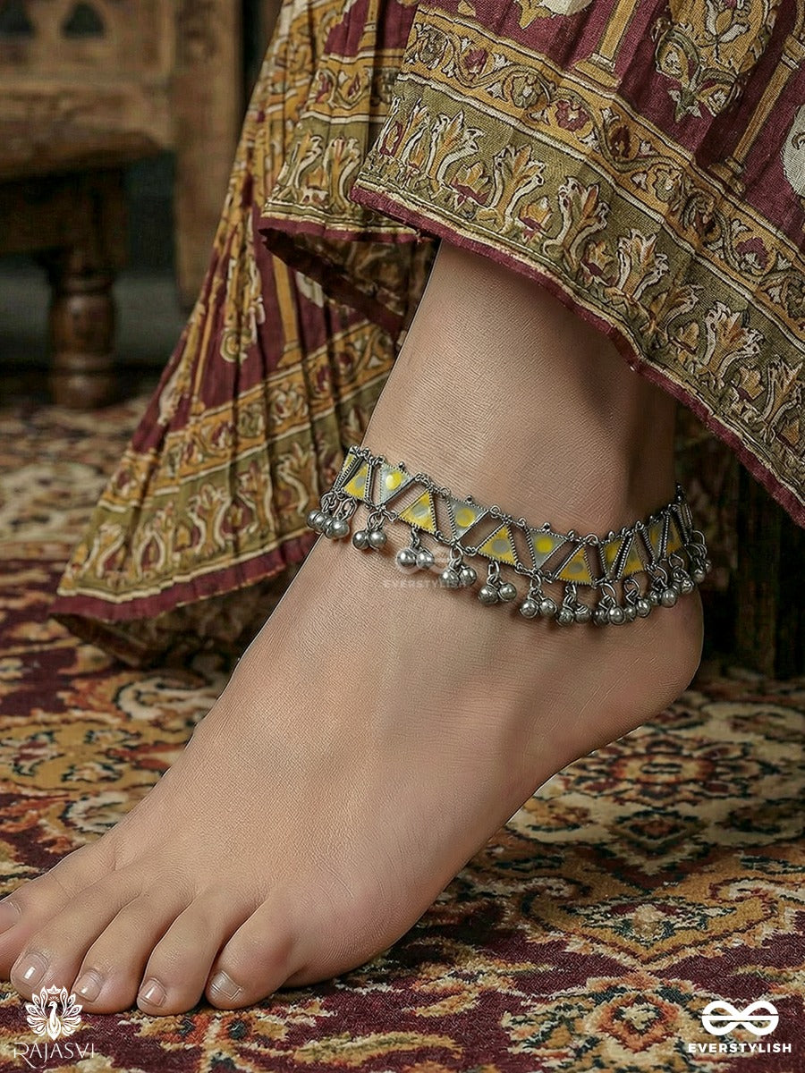 Kanak Nupur - Oxidised Anklet With Enamel Triangle Motifs And Bell Drops