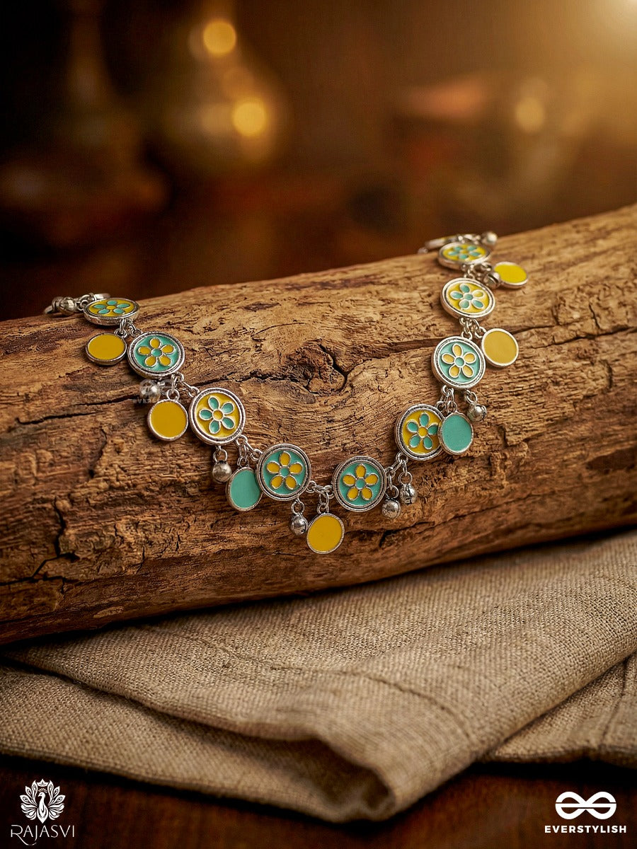 Peet Ghungroo - Oxidised Anklet With Yellow Enamel Links And Bell Charms