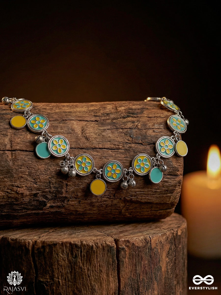 Peet Ghungroo - Oxidised Anklet With Yellow Enamel Links And Bell Charms