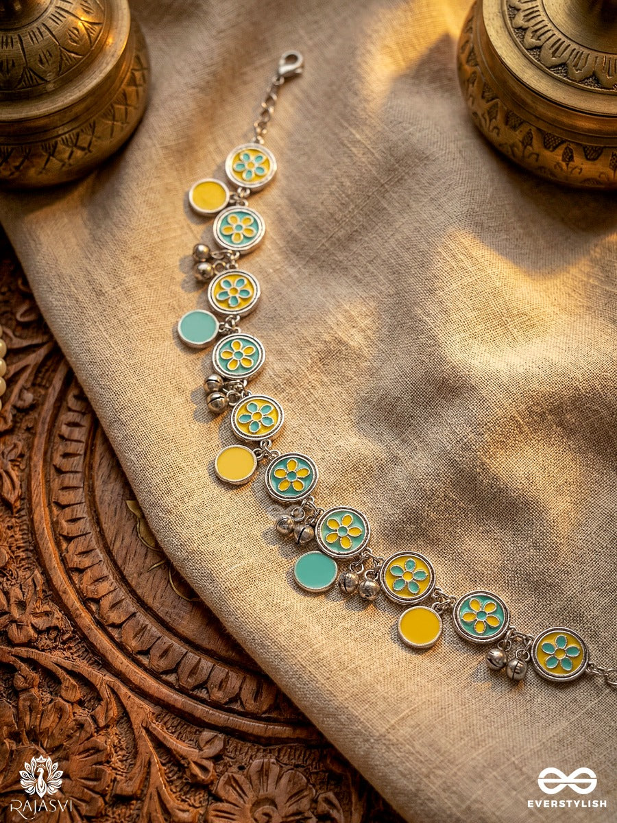 Peet Ghungroo - Oxidised Anklet With Yellow Enamel Links And Bell Charms