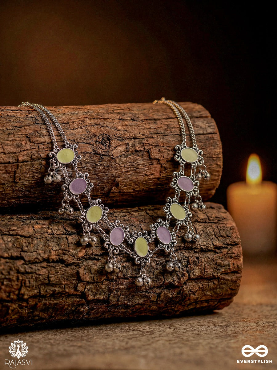 Rani Trinket - Oxidised Statement Necklace With Gem Panels And Ghungroo Danglers