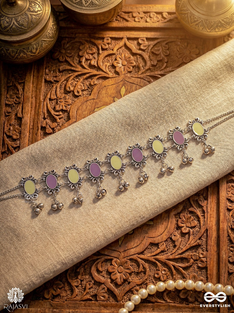 Rani Trinket - Oxidised Statement Necklace With Gem Panels And Ghungroo Danglers