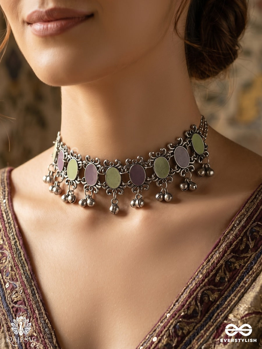 Rani Trinket - Oxidised Statement Necklace With Gem Panels And Ghungroo Danglers
