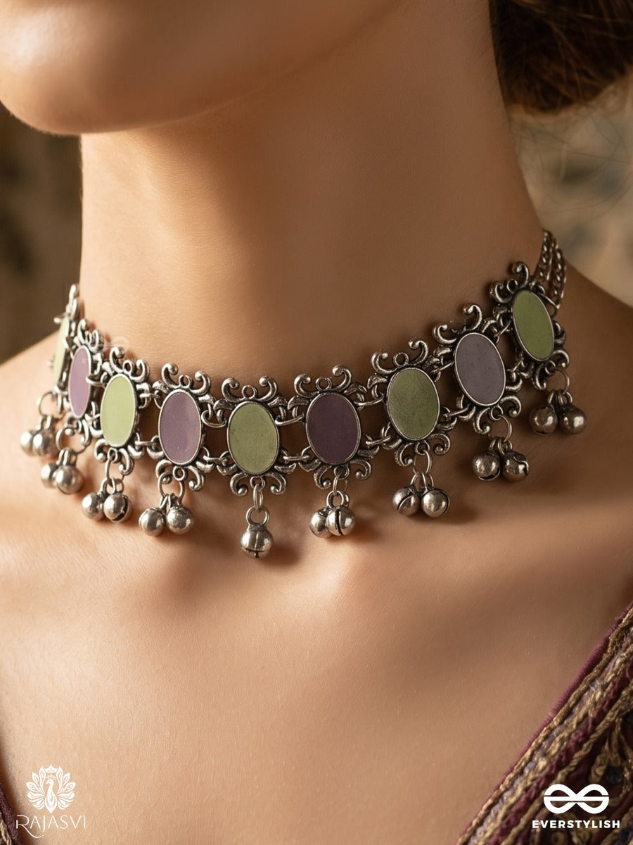 Rani Trinket - Oxidised Statement Necklace With Gem Panels And Ghungroo Danglers