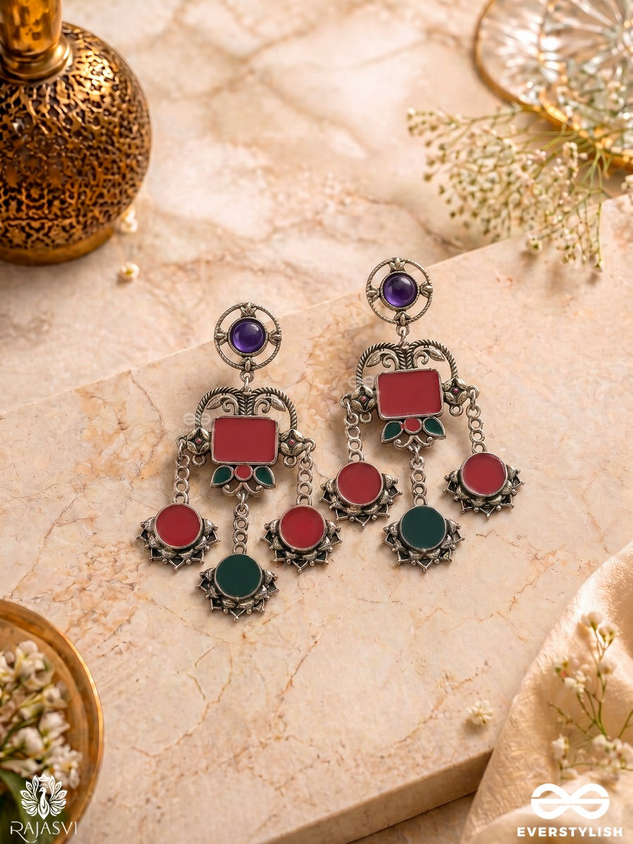 Neel Baithak - Oxidised Statement Earrings With Enamel Panels And Dangling Charms