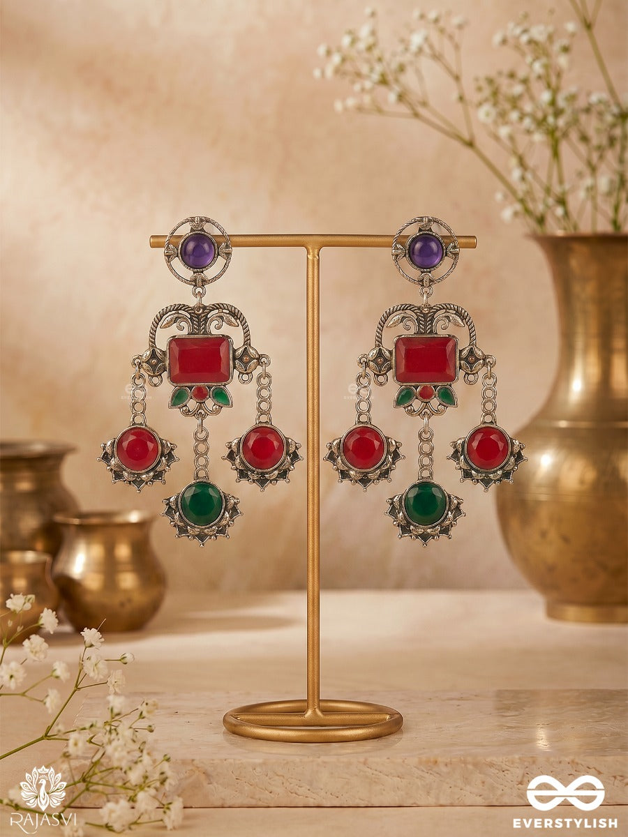 Neel Baithak - Oxidised Statement Earrings With Enamel Panels And Dangling Charms