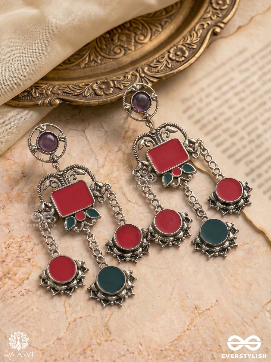 Neel Baithak - Oxidised Statement Earrings With Enamel Panels And Dangling Charms