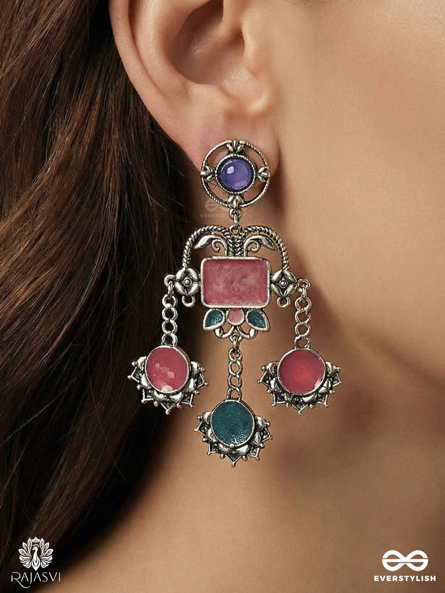 Neel Baithak - Oxidised Statement Earrings With Enamel Panels And Dangling Charms