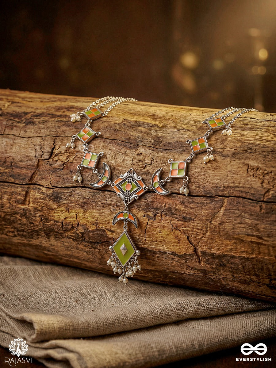 Chaand Tilak - Enamelled Oxidised Necklace With Crescent Motifs And Gem Pendant