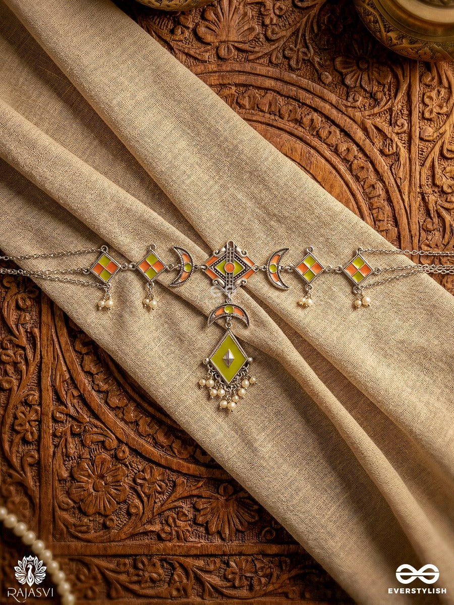 Chaand Tilak - Enamelled Oxidised Necklace With Crescent Motifs And Gem Pendant