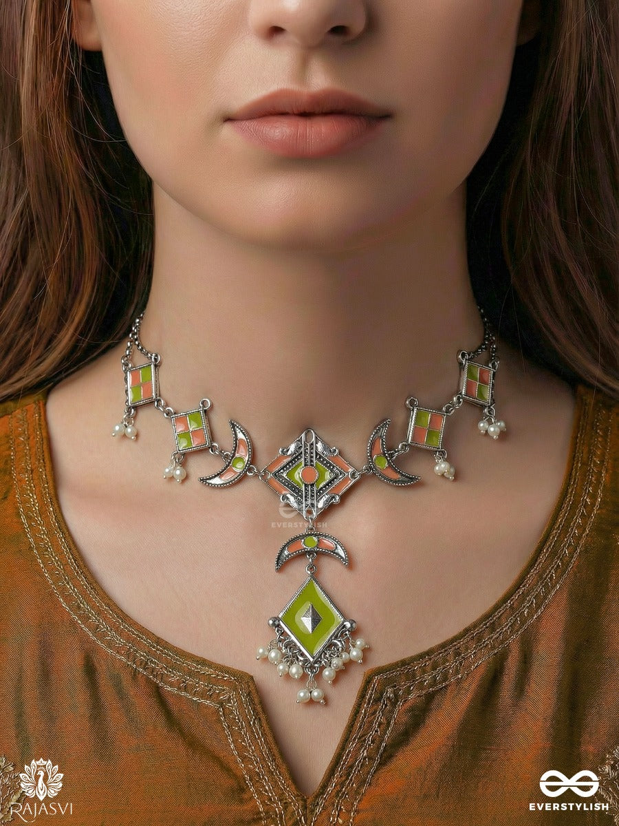 Chaand Tilak - Enamelled Oxidised Necklace With Crescent Motifs And Gem Pendant