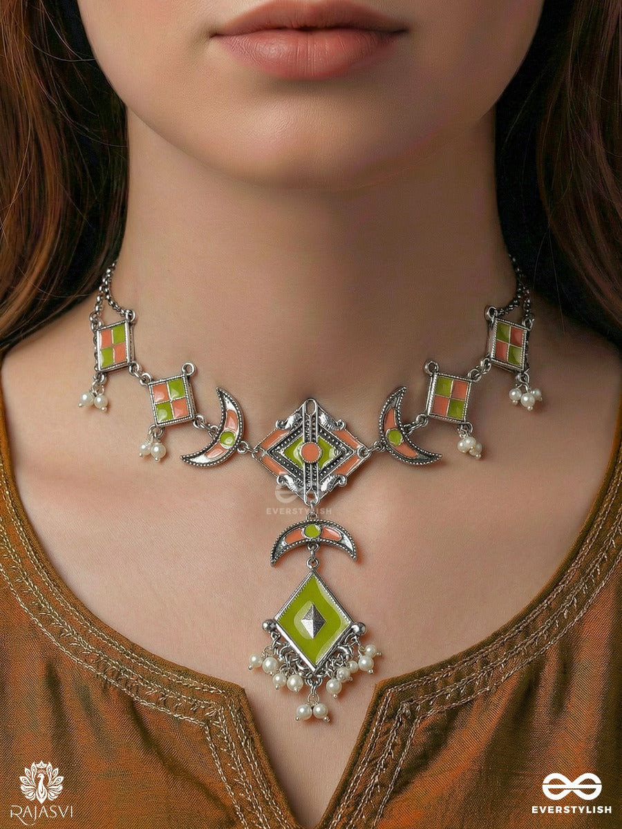 Chaand Tilak - Enamelled Oxidised Necklace With Crescent Motifs And Gem Pendant
