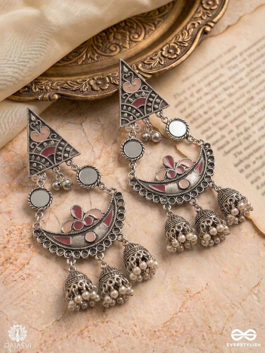 Sindoor Arc - Oxidised Earrings With Stone Inlay And Tribal Charm Drops