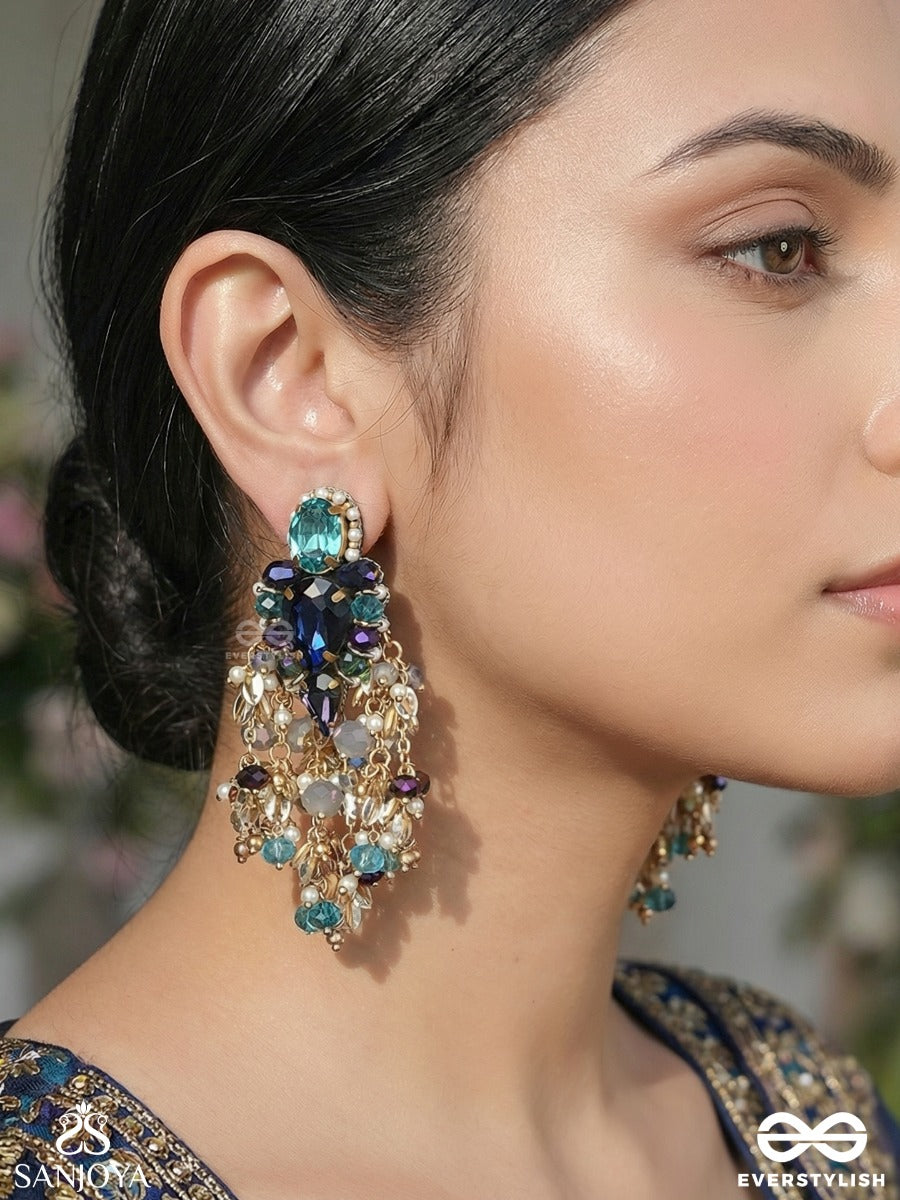 Shyamjharna - Waterfall Of Dusk - Festive Earrings With Deep-Toned Gems And Layered Drop Accents