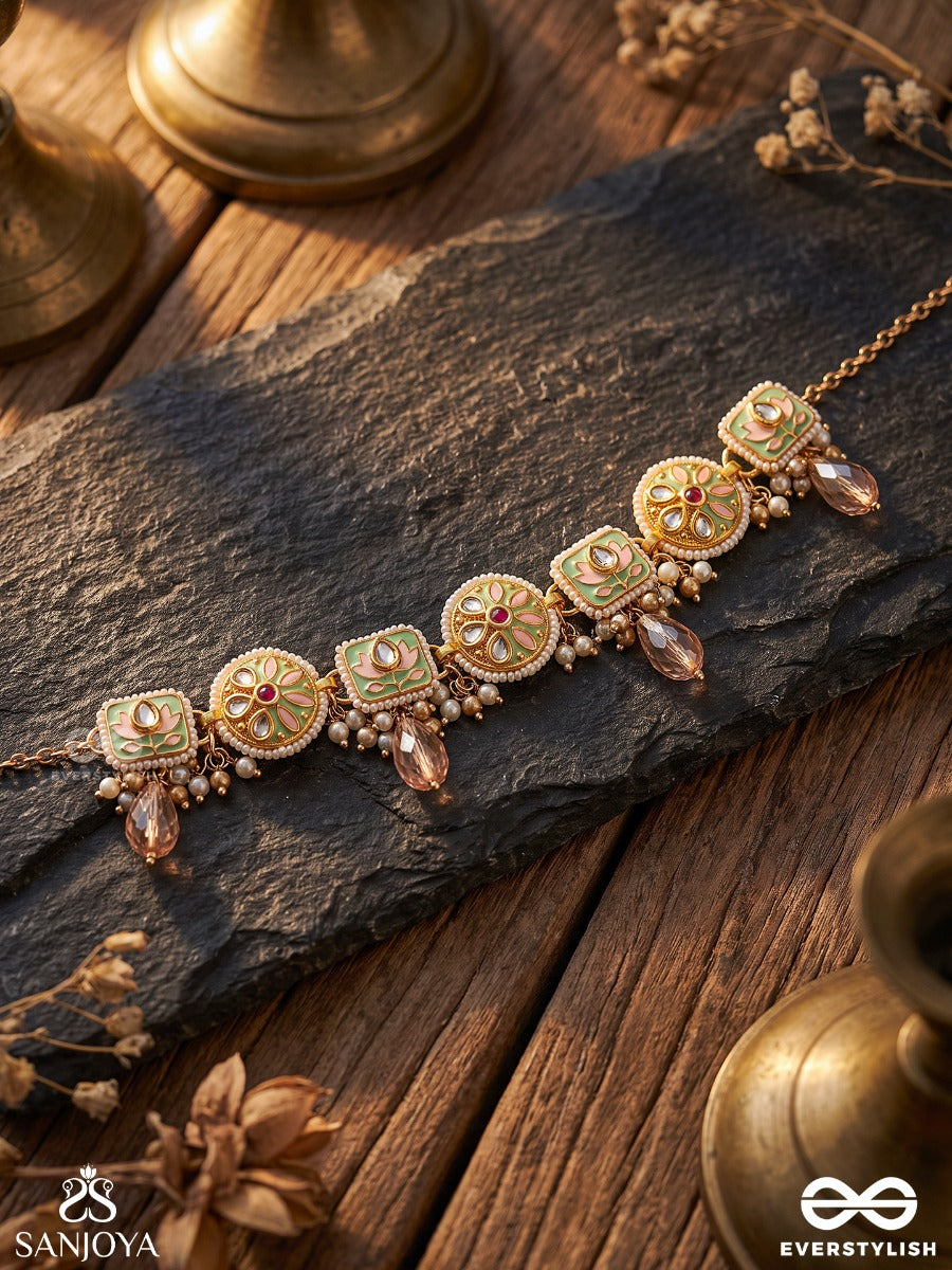Chitravalli - Ornate Vine - Elegant Necklace With Repeating Enamelled Motifs And Crystal Drop Fringe