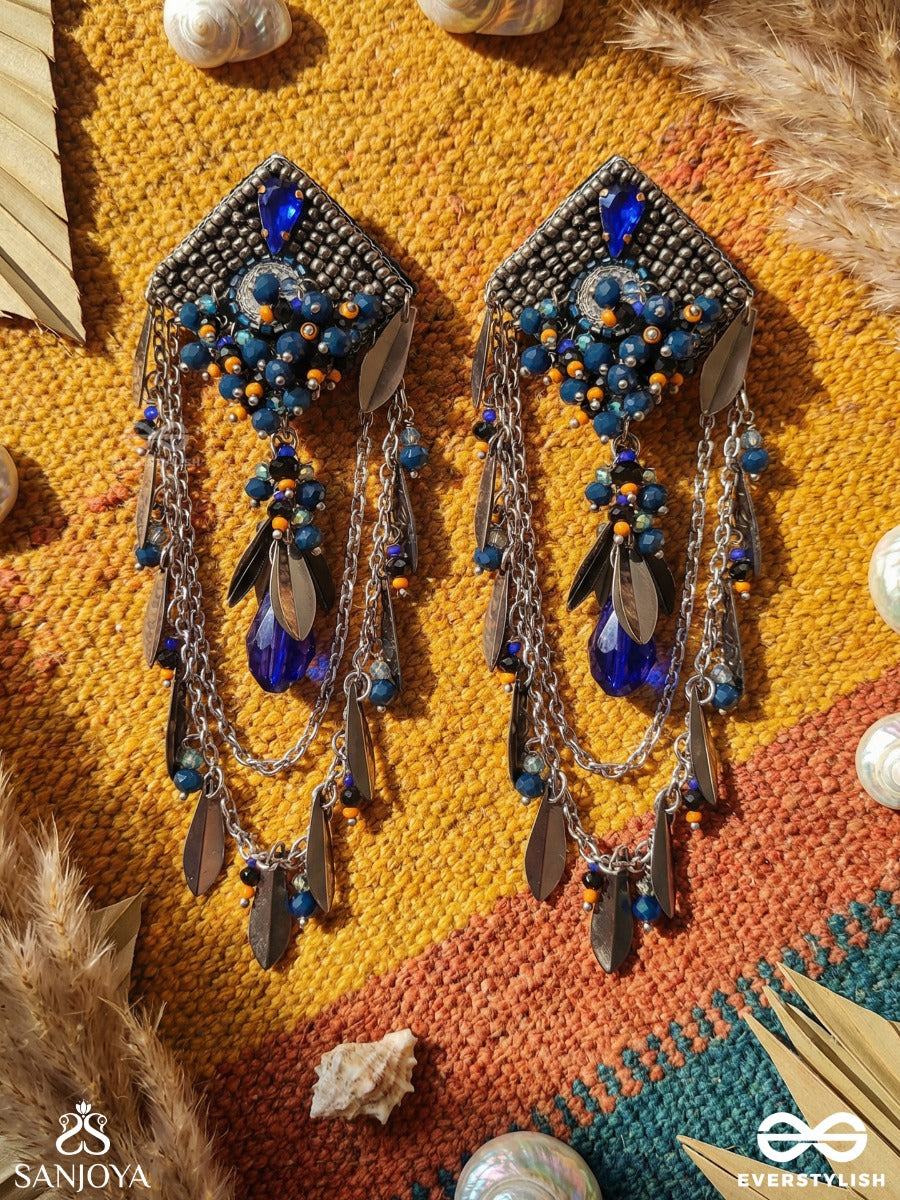 Tamraneela - Deep Blue Metal - Ornate Earrings With Textured Frame And Multi-Layered Danglers