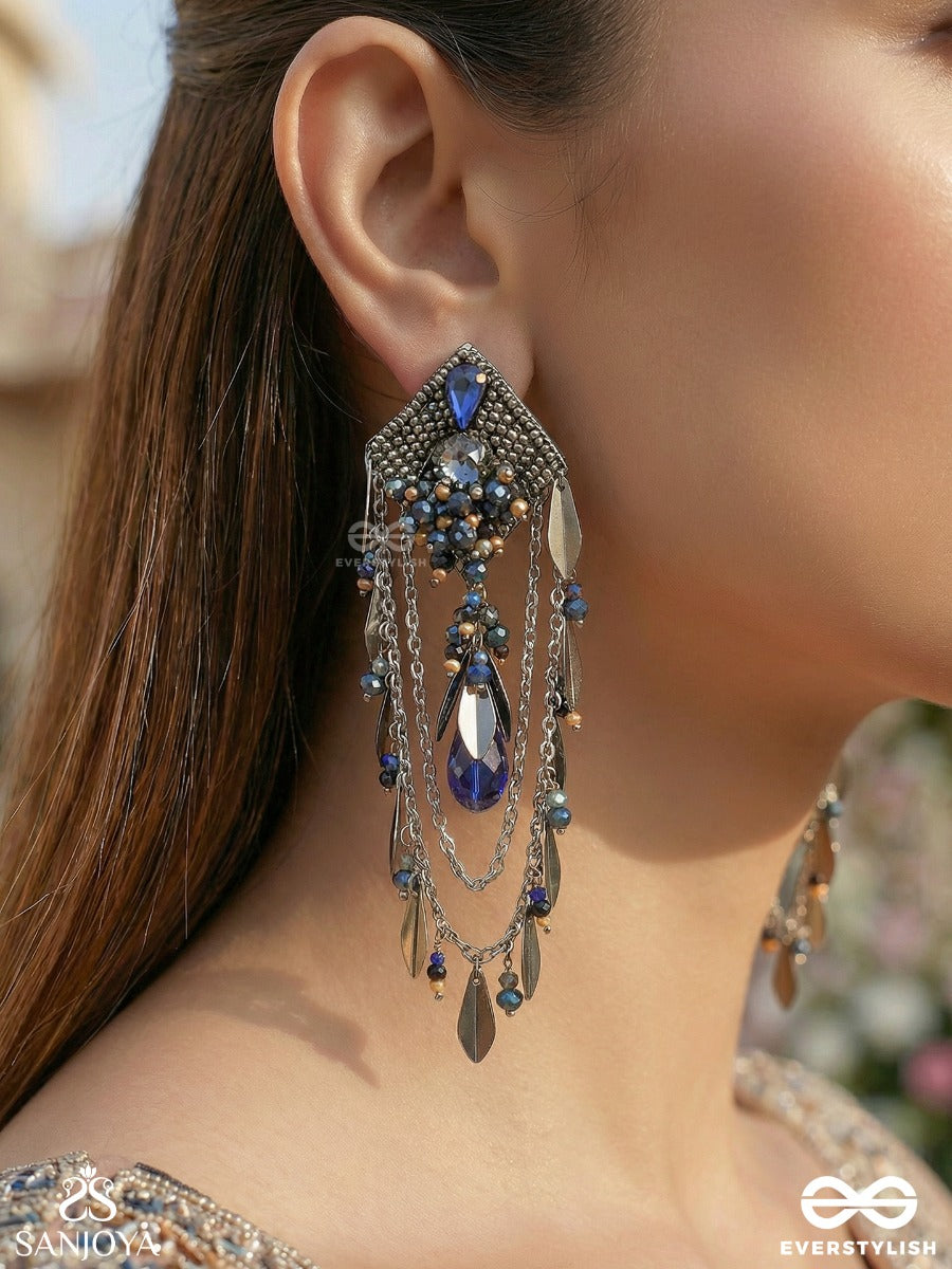 Tamraneela - Deep Blue Metal - Ornate Earrings With Textured Frame And Multi-Layered Danglers