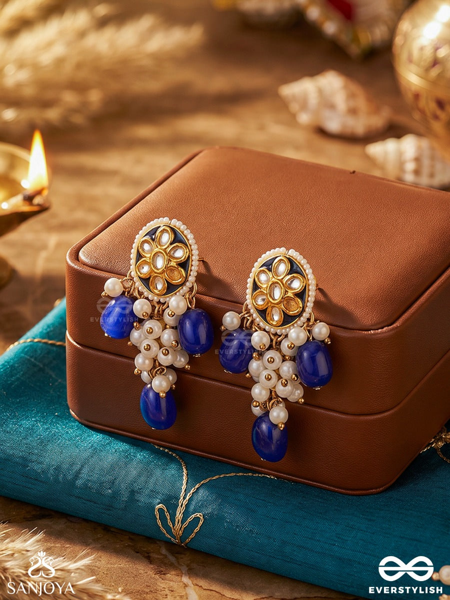 Nilotkarsh - Rise Of Blue - Statement Earrings With Floral Polki Top And Deep Blue Drop Accents