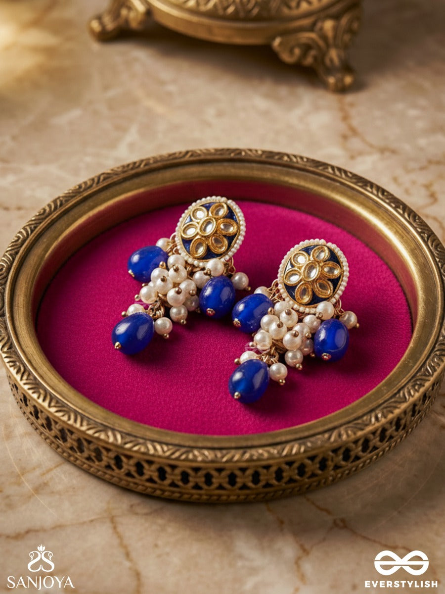 Nilotkarsh - Rise Of Blue - Statement Earrings With Floral Polki Top And Deep Blue Drop Accents
