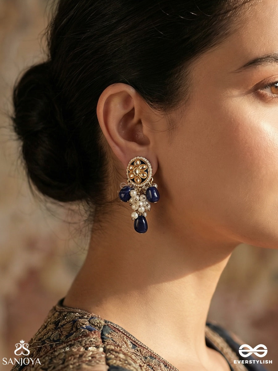 Nilotkarsh - Rise Of Blue - Statement Earrings With Floral Polki Top And Deep Blue Drop Accents