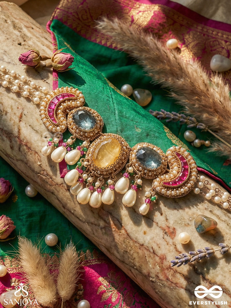 Kanakchitra - Golden Artistry - Ornate Necklace With Colourful Gem Panels And Dangling Pearl Details