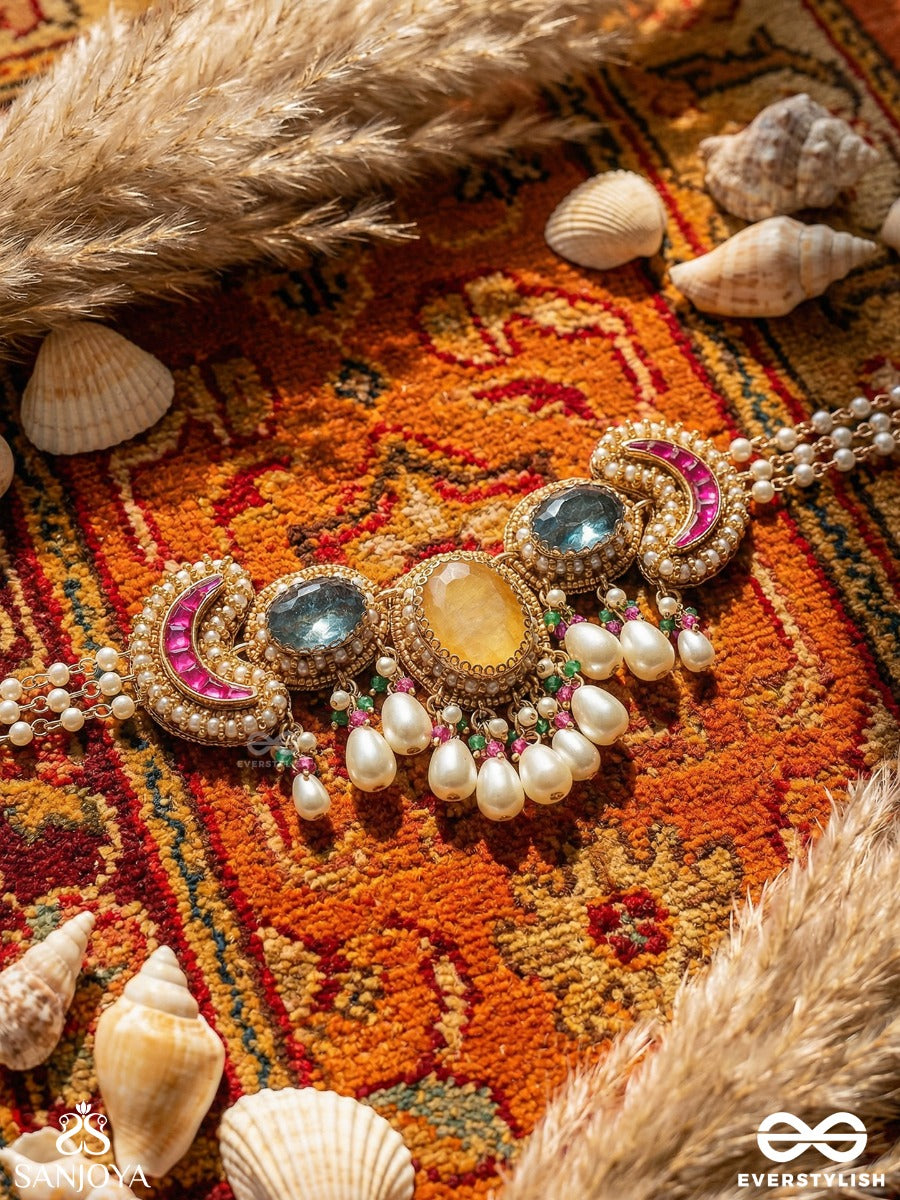 Kanakchitra - Golden Artistry - Ornate Necklace With Colourful Gem Panels And Dangling Pearl Details