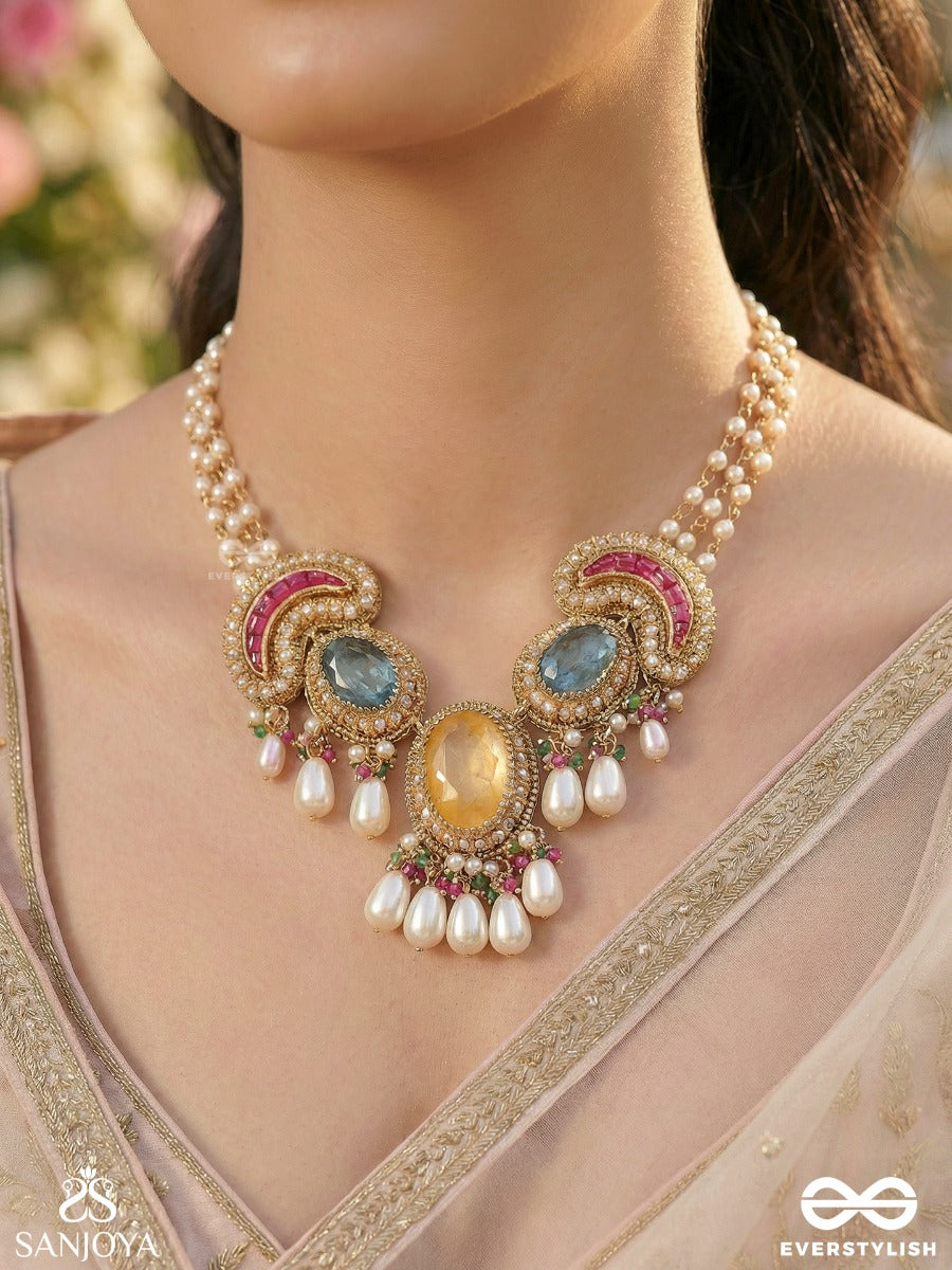 Kanakchitra - Golden Artistry - Ornate Necklace With Colourful Gem Panels And Dangling Pearl Details