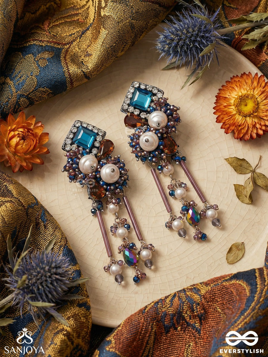 Chitraneela - Artistic Blue - Statement Earrings With Mixed Gem Cluster And Dangling Multi-Charm Drops