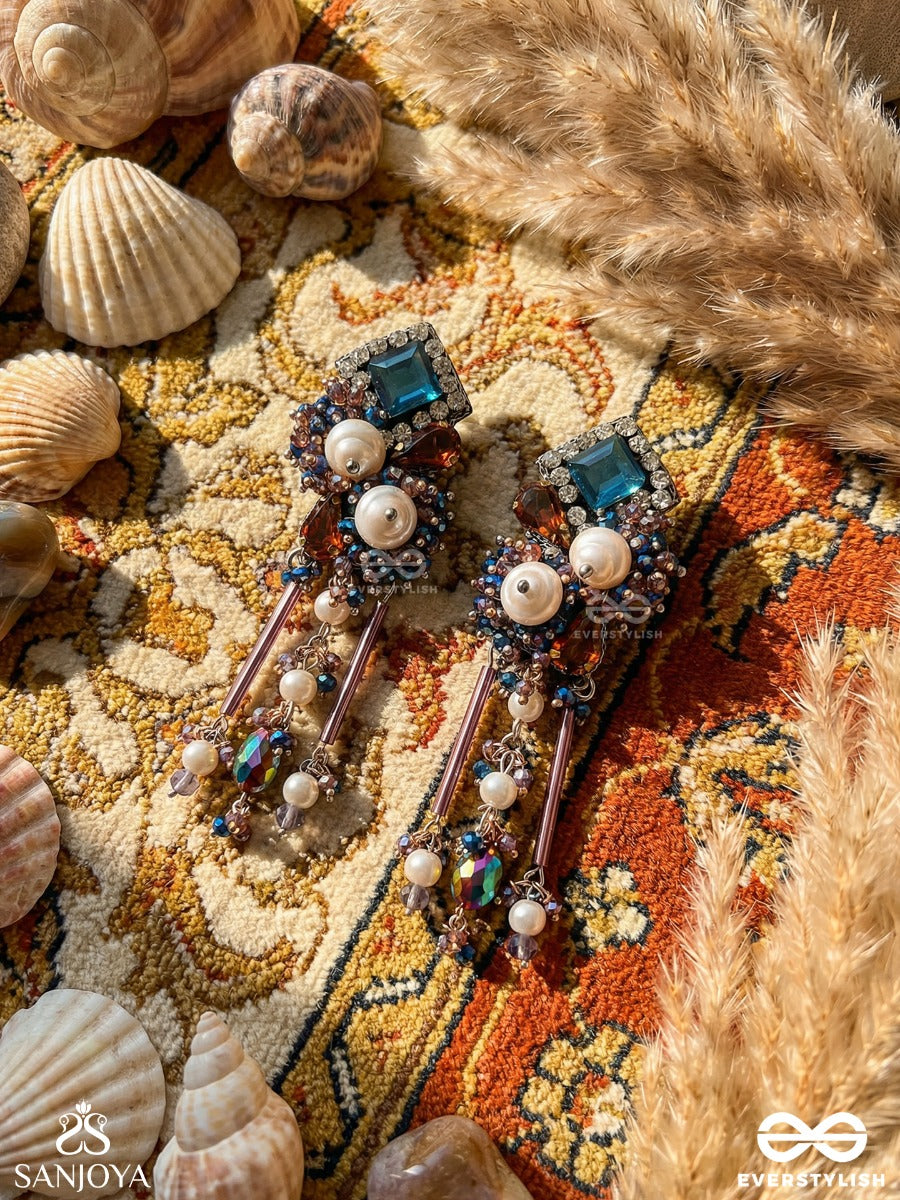 Chitraneela - Artistic Blue - Statement Earrings With Mixed Gem Cluster And Dangling Multi-Charm Drops