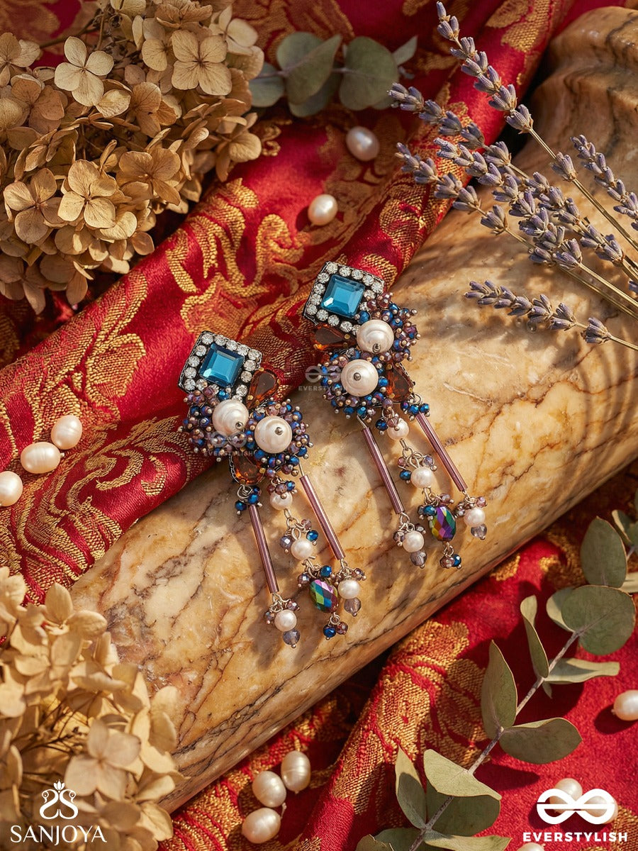 Chitraneela - Artistic Blue - Statement Earrings With Mixed Gem Cluster And Dangling Multi-Charm Drops