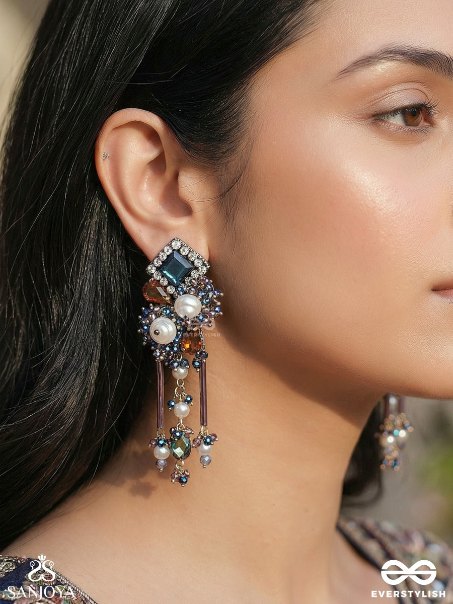 Chitraneela - Artistic Blue - Statement Earrings With Mixed Gem Cluster And Dangling Multi-Charm Drops
