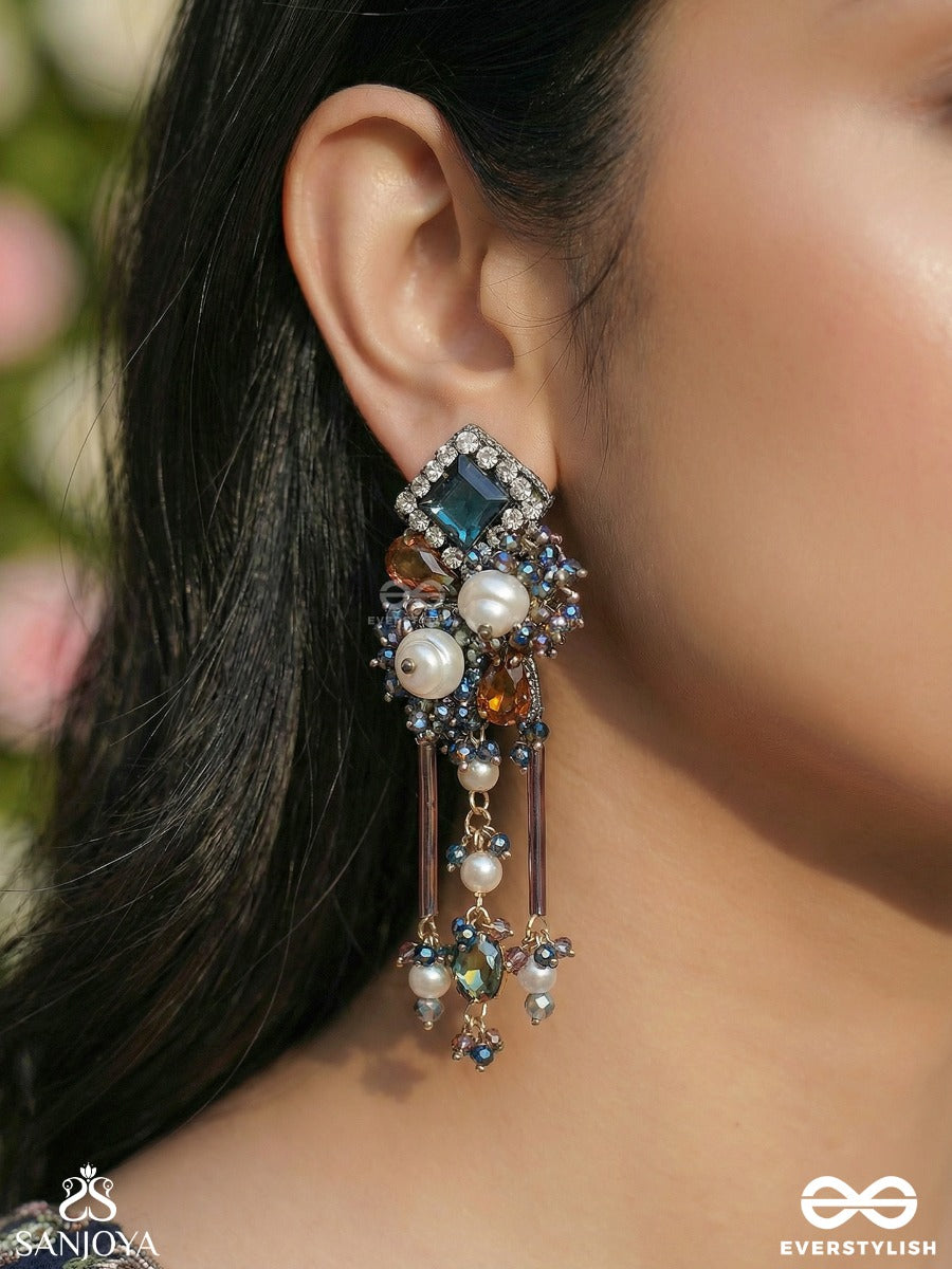 Chitraneela - Artistic Blue - Statement Earrings With Mixed Gem Cluster And Dangling Multi-Charm Drops