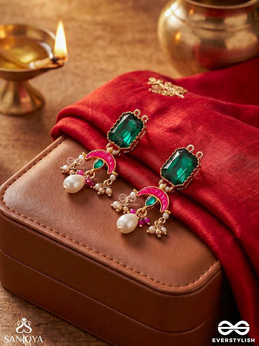 Shyamratna - Deep Green Gem - Elegant Earrings With Faceted Stone And Enamelled Detail With Drop Accents
