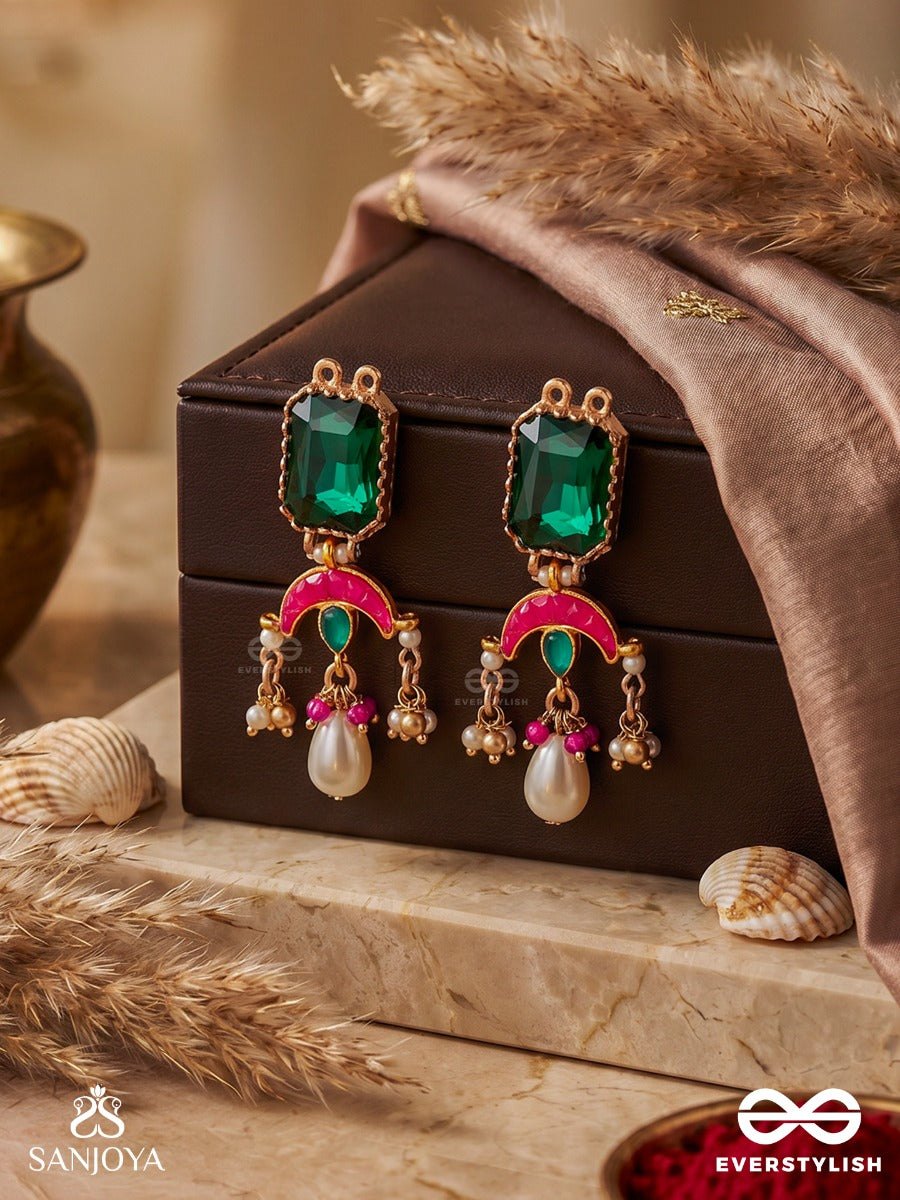 Shyamratna - Deep Green Gem - Elegant Earrings With Faceted Stone And Enamelled Detail With Drop Accents