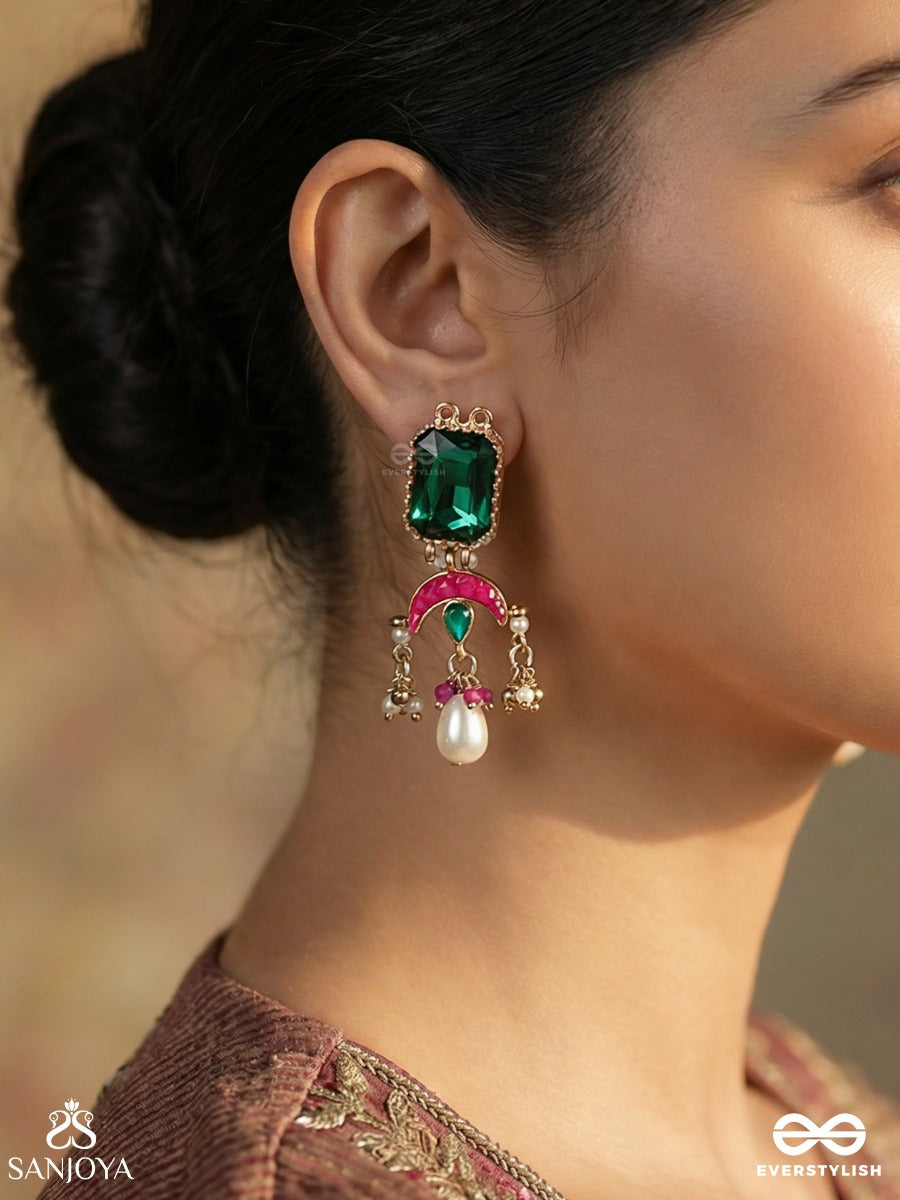Shyamratna - Deep Green Gem - Elegant Earrings With Faceted Stone And Enamelled Detail With Drop Accents
