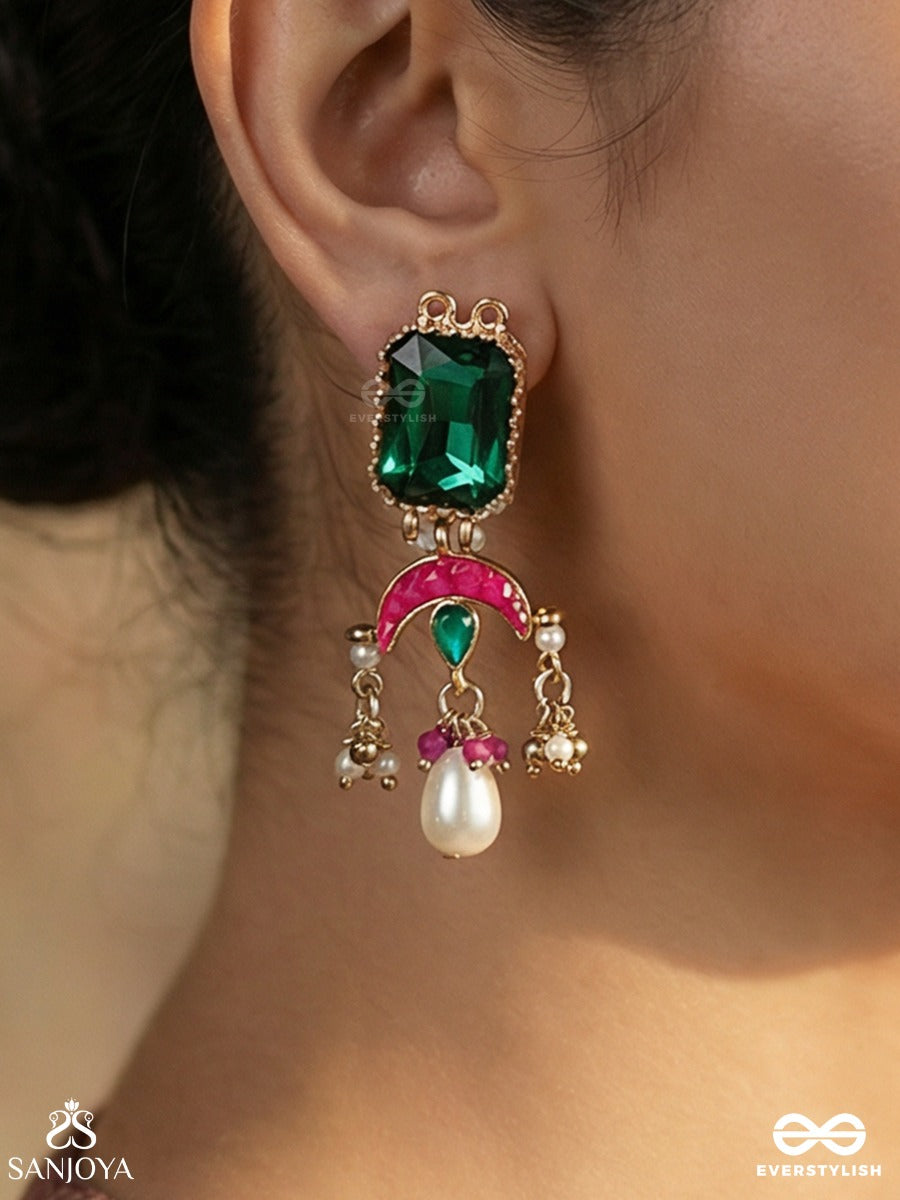 Shyamratna - Deep Green Gem - Elegant Earrings With Faceted Stone And Enamelled Detail With Drop Accents