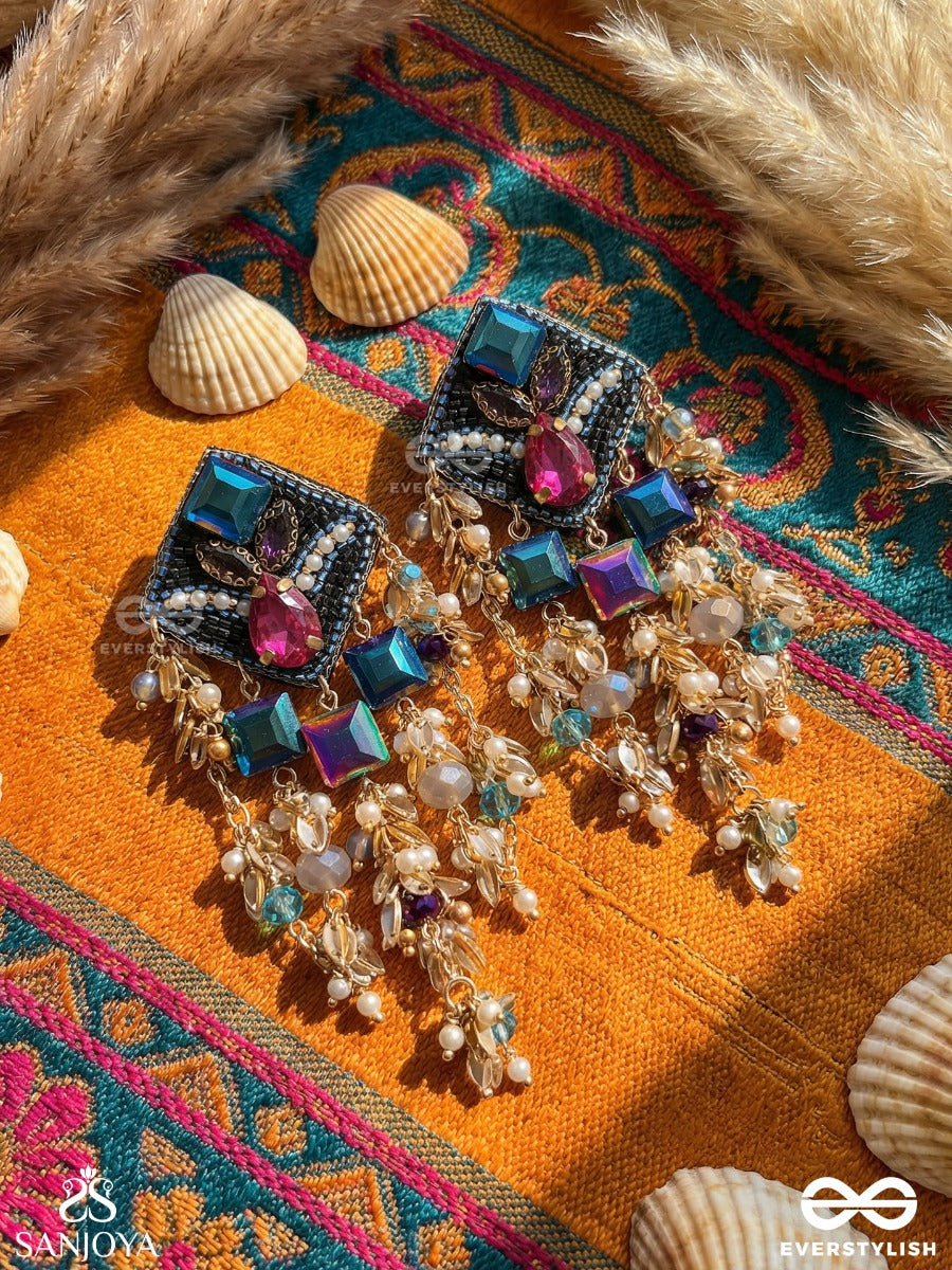 Vasuneelika - Treasured Blue Form - Statement Earrings With Gem Clusters And Ornamental Cascade Details