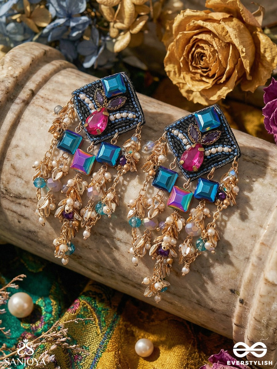 Vasuneelika - Treasured Blue Form - Statement Earrings With Gem Clusters And Ornamental Cascade Details