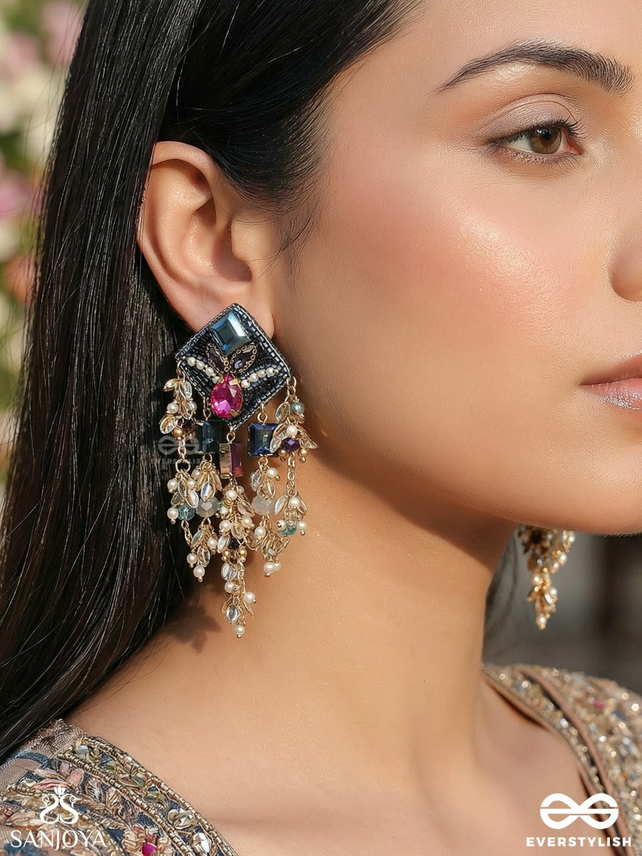Vasuneelika - Treasured Blue Form - Statement Earrings With Gem Clusters And Ornamental Cascade Details