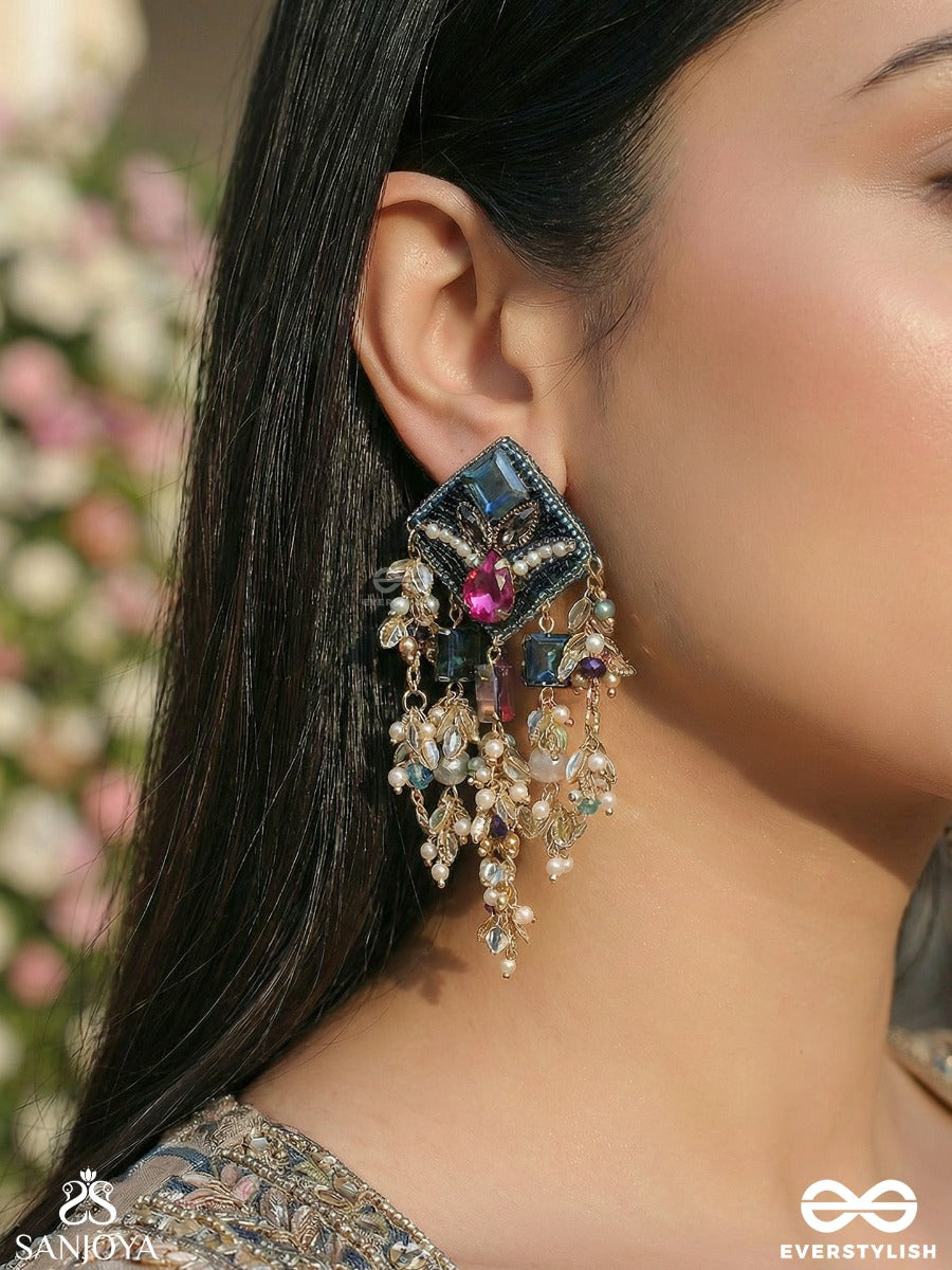 Vasuneelika - Treasured Blue Form - Statement Earrings With Gem Clusters And Ornamental Cascade Details