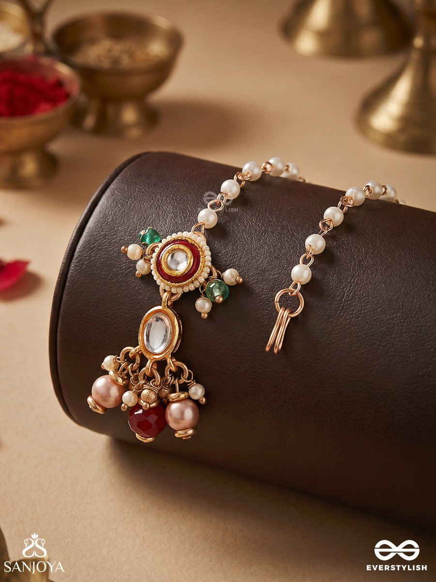 Vasusmita - Treasured Grace - Ornate Maangtika With Gemmed Centre And Dangling Stone Details