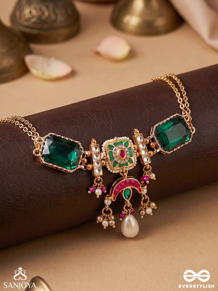 Shyamratna - Deep Green Gem - Ornate Necklace With Gemmed Panels And Dangling Accents