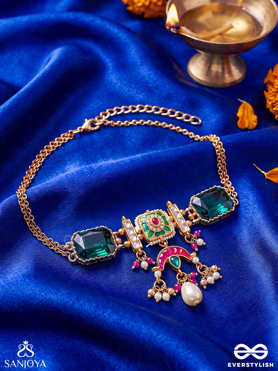 Shyamratna - Deep Green Gem - Ornate Necklace With Gemmed Panels And Dangling Accents