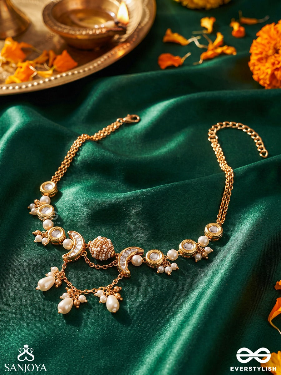 Somarekha - Line Of The Moon - Ornate Necklace With Crescent Links And Pearl Drop Fringe