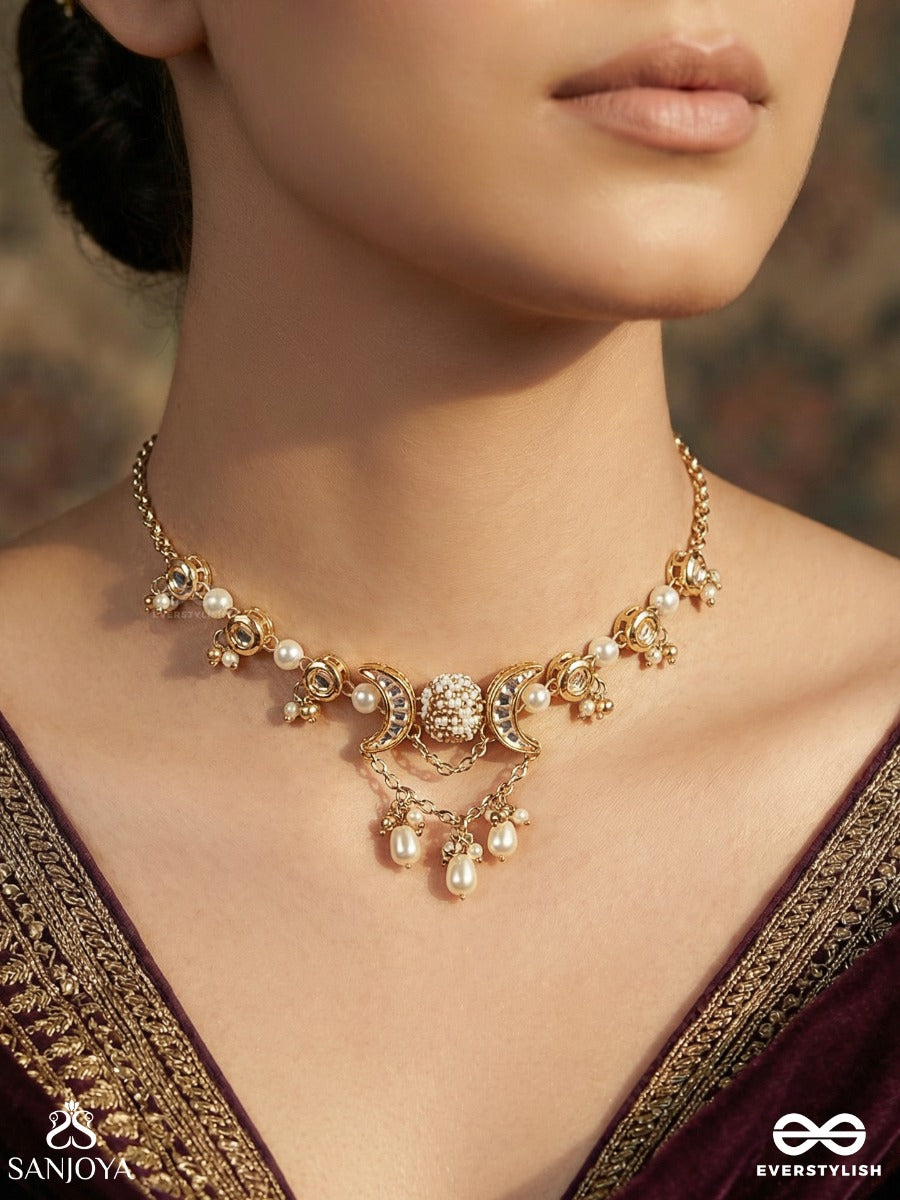 Somarekha - Line Of The Moon - Ornate Necklace With Crescent Links And Pearl Drop Fringe