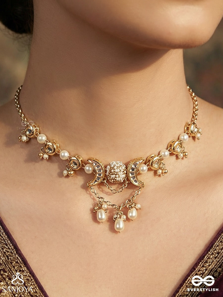 Somarekha - Line Of The Moon - Ornate Necklace With Crescent Links And Pearl Drop Fringe