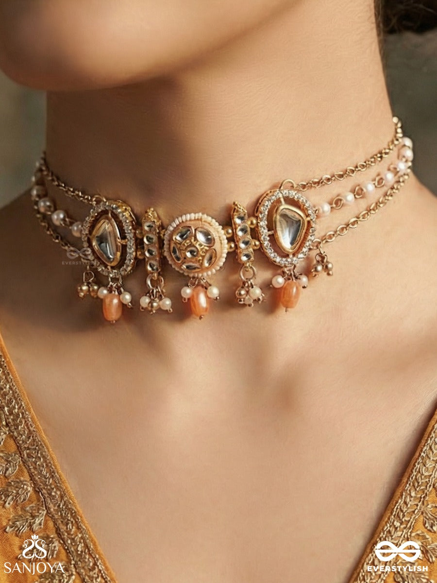 Chandrabindu - Moon Droplet - Ornate Necklace With Teardrop Stone Settings And Pearl Danglers