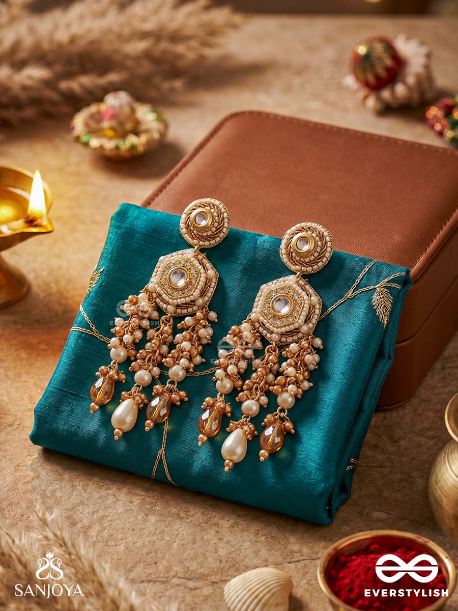 Manidharika - Holder Of Jewels - Festive Earrings With Embellished Panels And Multi-Pearl Danglers