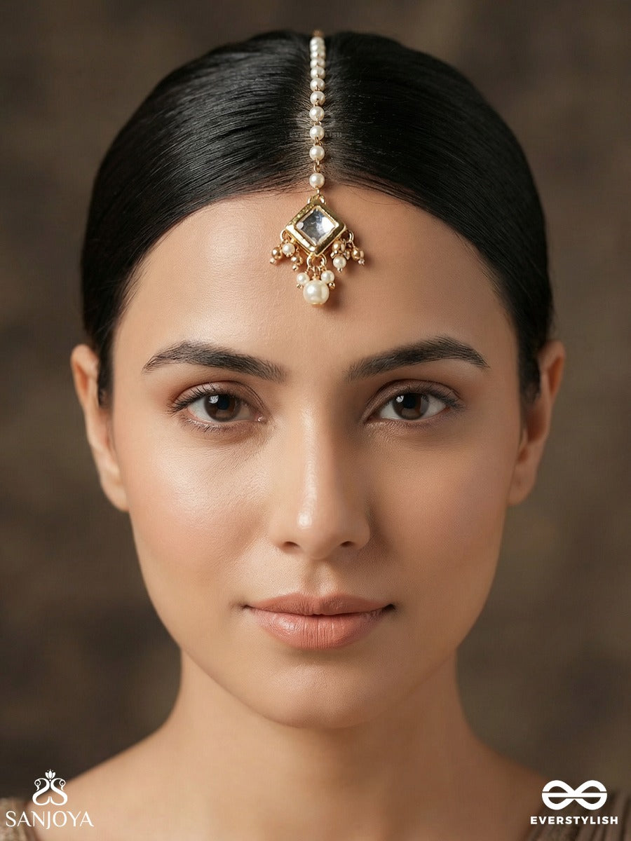 Chandrasara - Essence Of The Moon - Minimal Maangtika With Polki Panel And Dangling Pearl Detail