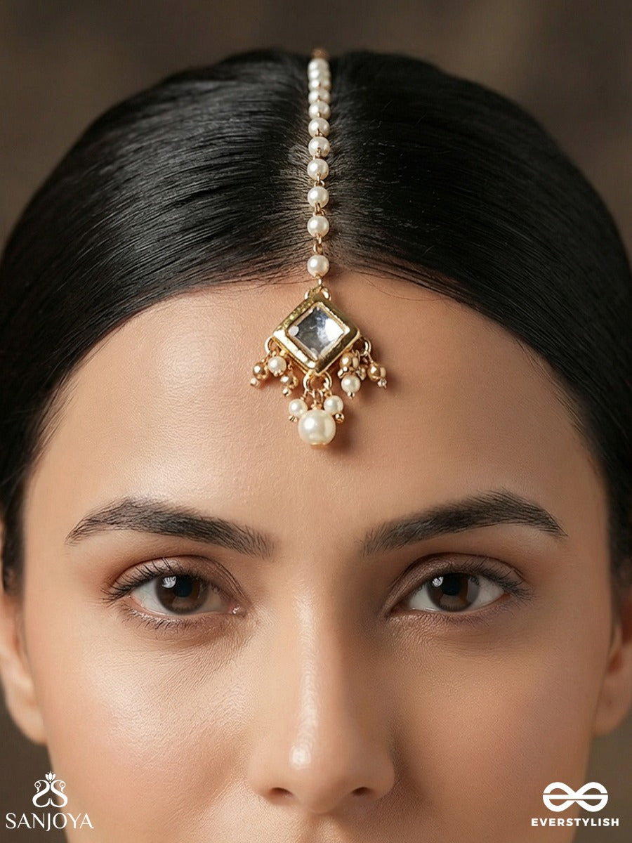 Chandrasara - Essence Of The Moon - Minimal Maangtika With Polki Panel And Dangling Pearl Detail